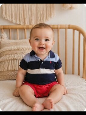 4/$15 Ralph Lauren Navy White Striped Baby Polo Red Shorts One Piece 6 Months